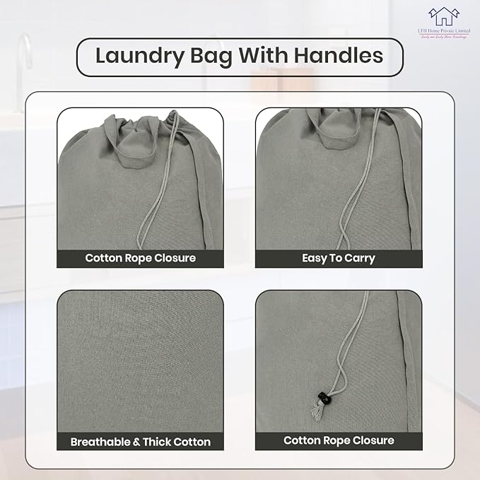LFH Home Cotton Canvas Large Laundry Bag with Handle, Heavy Duty Drawstring Closure Washable Laundry Bags, School Travel, Home, Hotel, College Dorm, Organizer Sack, Toys Clothes 20x30 (Pack of 2)-Grey
