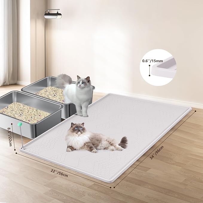 Bartuke Large Cat Litter Mat with Toy Ball, 34'' x 22'' Silicone Cat Litter Trapping Mat for Scatter Control, Soft on Kitty Paws, Easy to Clean (White)