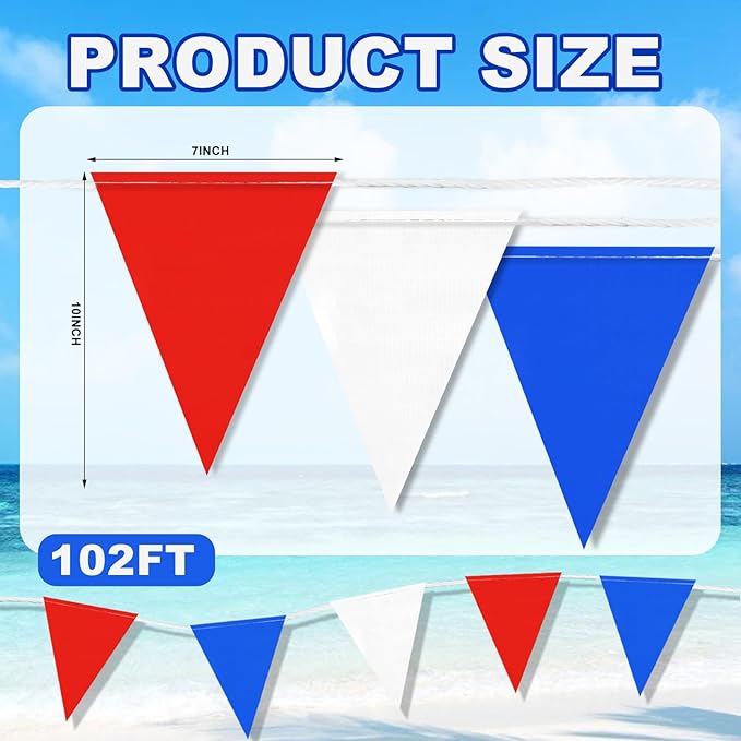 102FT High-Density 60 Pcs Triangle Pennant Banner Flags – Durable Safety & Event Marking Sign for Industrial and Outdoor Use (RED+WHITE+BLUE (102ft,60pcs))