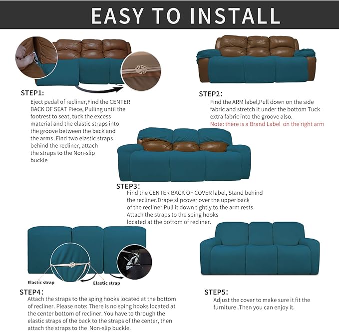 Easy-Going 8 Pieces Recliner Sofa Stretch Sofa Slipcover Sofa Cover Furniture Protector Couch Soft with Elastic Bottom Kids, Spandex Jacquard Fabric Small Checks Peacock Blue