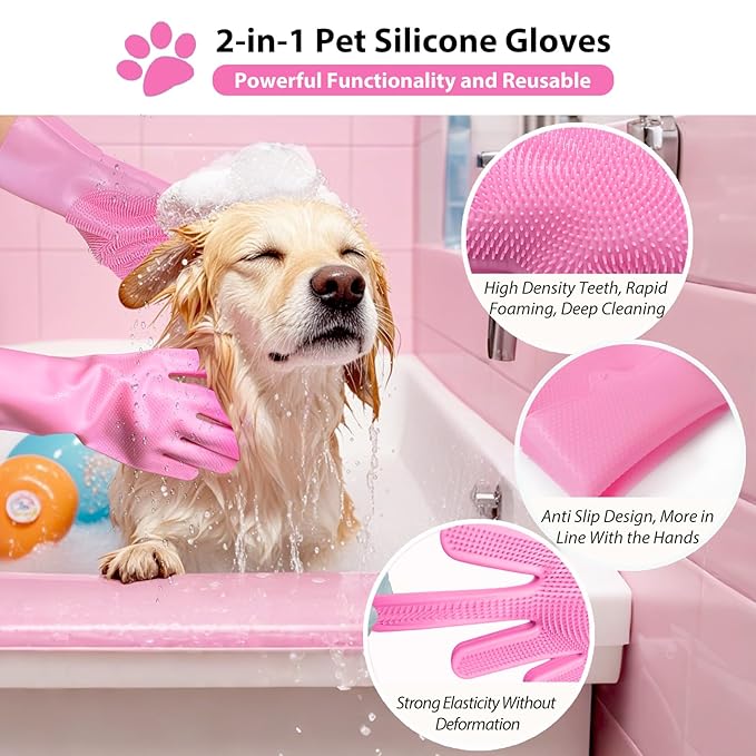 Dog Shampoo Brush, Dog Bath Brush, and Dog Washing Gloves | Essential Dog Bath Supplies and Pet Grooming Gloves for Dogs and Cats (1 Pair, Pink)