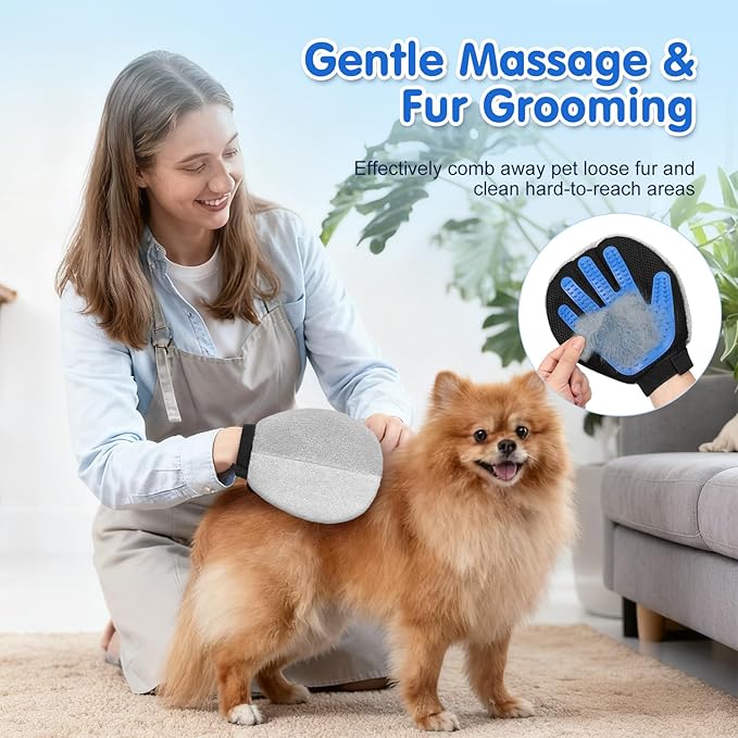 Pawaboo 2 Pack Pet Hair Removal Gloves, Dual-Side Electrostatic Hair Removal & Silicone Fur Brush for Dogs and Cats, Reusable Five-Finger Pet Fur Grooming Glove for Couch Carpet Clothes, Blue & Grey