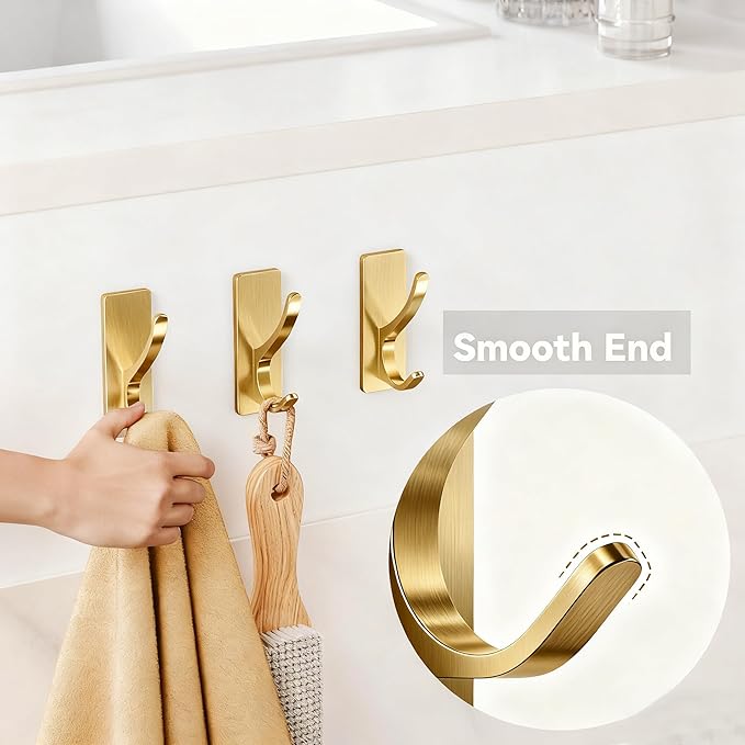 pickpiff Self Adhesive Coat Hooks for Hanging: Heavy Duty Stainless Wall Hook for Towel, Utensil, Backpack, Hat, Sturdy Metal Hanger for Bathroom, Kitchen, Door, 4-Pack, Brushed Gold