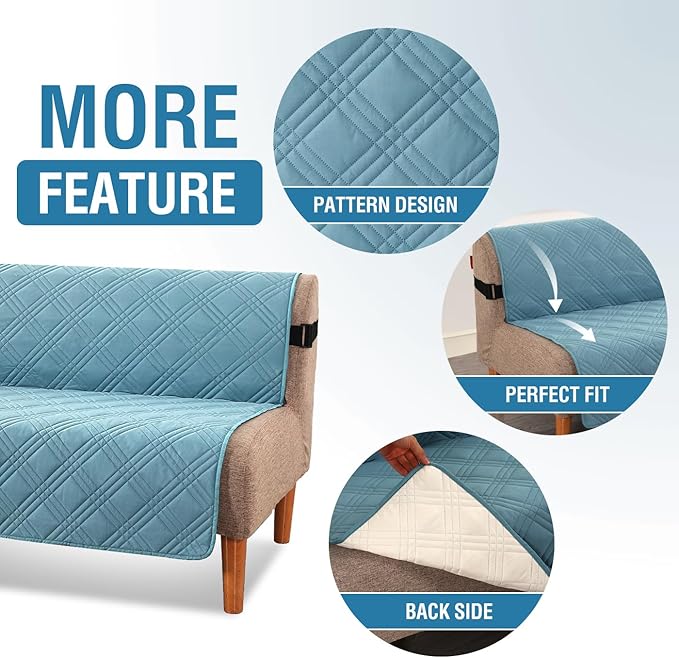H.VERSAILTEX 100% Waterproof Futon Couch Cover Reversible Sofa Slipcovers Armless Daybed Cover Soft Thicken Sofa Bed Cover for Dog with Adjustable Elastic Strap Non-Slip, Smoke Blue/Beige