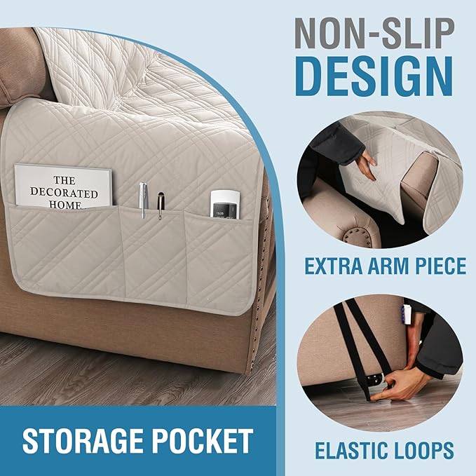 H.VERSAILTEX 100% Waterproof Slipcover Chair Covers Modern Sofa Chair Covers Stay in Place Furniture Protector with Elastic Straps (Chair, French Oak/Beige)