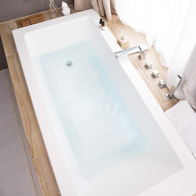 Bath Tub and Shower Mats, Non-Slip 39 x 16 Inch Extra Long Bathtub Mat, Machine Washable BathMat with Drain Holes, Suction Cups for Bathroom (Opaque White)