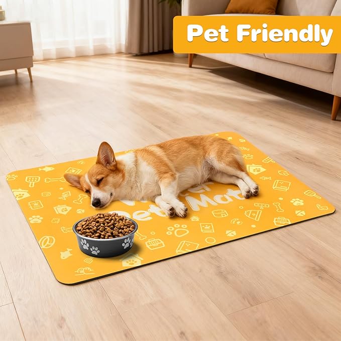 Pet Feeding Mat,Dog Cat Mat for Food and Water,Dog Bowl Waterproof Placemat with Rubber Backing,Absorbent Quick Dry Water Dispenser Mat for Pet（Orange 12"×18"）