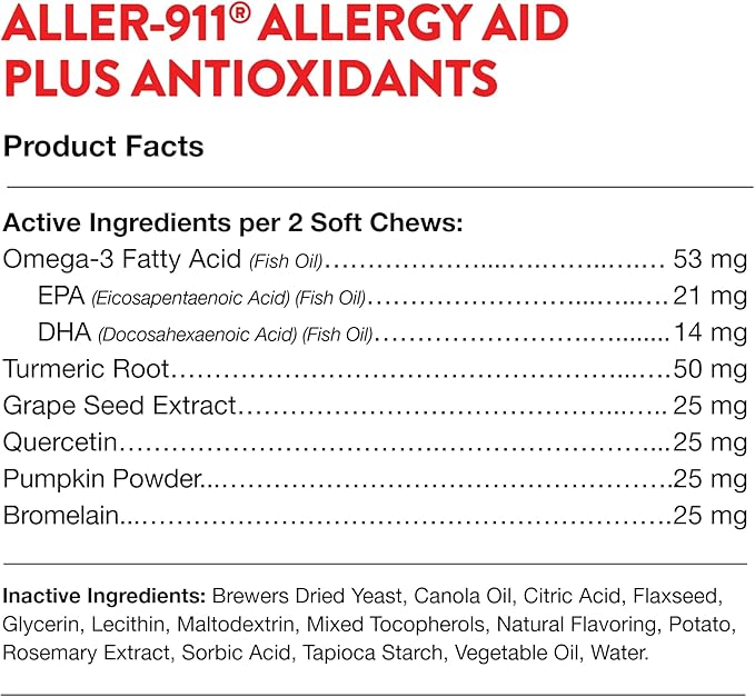 NaturVet Aller-911 Advanced Allergy Aid for Dogs, Cats – Antioxidant-Rich Pet Supplement with Omegas, DHA, EPA – Helps Support Dog Immune System, Cat Respiratory Health, Skin Moisture 70 Soft Chews