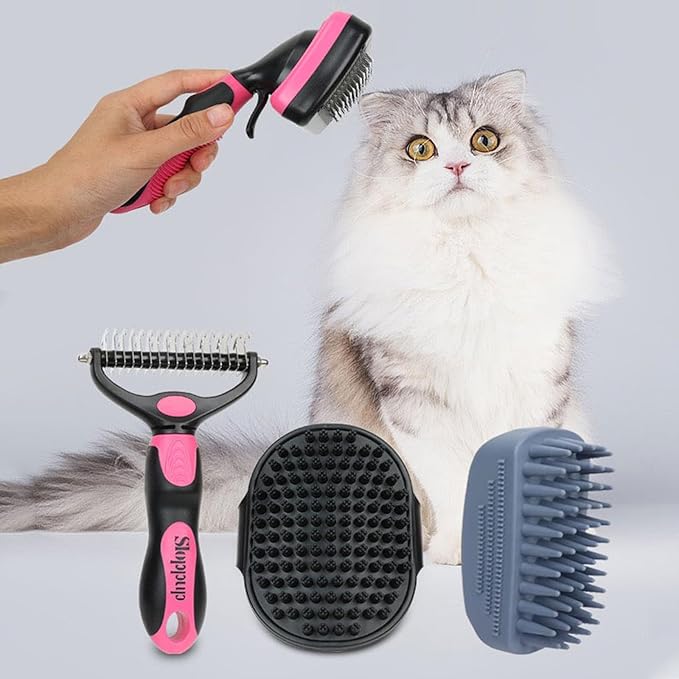 PETIMP STORE Dog Brush Kit for Grooming Short & Long Haired Dogs & Cats, 4-in-1 Pet Grooming Set with Self-Cleaning Slicker Brush, Deshedding Tool, Shampoo Bath Comb, Massge Comb (Pink Black)