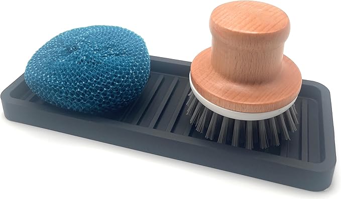 Happitasa Silicone Kitchen Sink Organizer Tray, Sponge Holder and Countertop Protector | Bathroom and Kitchen Soap Dish and Dispenser Tray (Black, 9"x3.5")