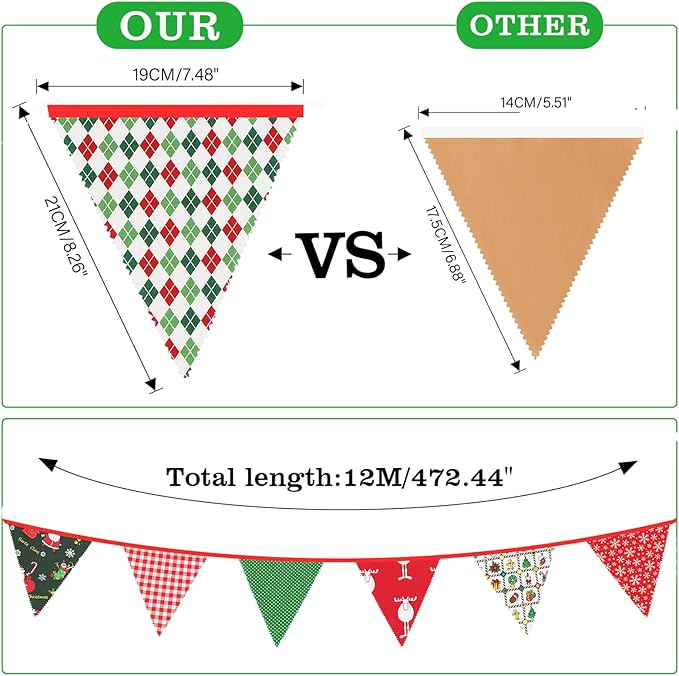 G2PLUS Christmas Triangle Bunting Banner, 39Ft Cotton Pennant Banner, Reusable Multicolor Fabric Bunting Garlands for Holiday Party, Indoor Outdoor Home, School, Church Decorations