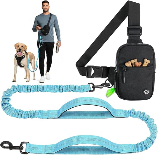 Hands Free Crossbody Dog Leash Bag with Built-in Poop Bag Dispenser & Storage, Dual Bungee Shock-Absorbing Leash with Dual Handles for Small, Medium, Large Dogs Walking or Training (Blue)