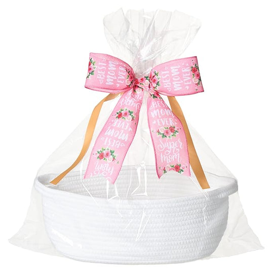Small Woven Gift Basket Empty with Bag & Ribbon - Gifts for Mom, Baby Shower, Birthdays & Raffle - Cotton Rope Storage Basket for Dog Toys or Shelf - 12"x8"x5", White/Pink Ribbon