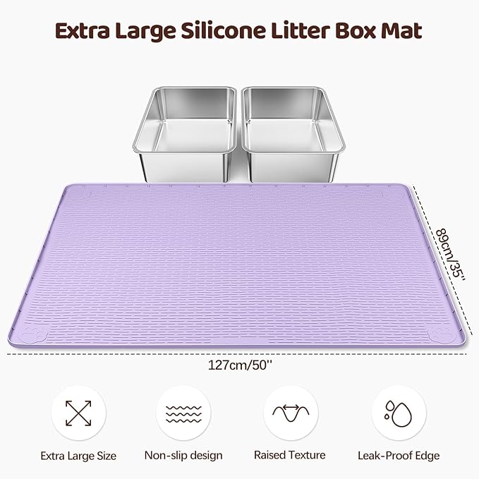 Bartuke Cat Litter Mat, XXL Extra Large 50" x 35" Silicone Mat Litter Trapping Mat for Scatter Control, Soft on Kitty Paws, Easy to Clean (Purple)