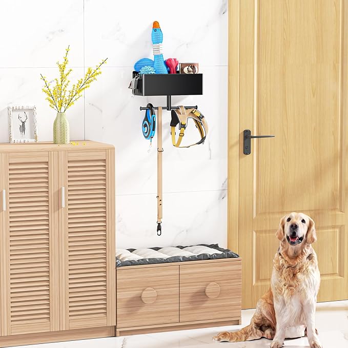 Dog Leash Holder for Wall, Dog Leash Hooks, Pet Stuff Organizer with Shelf Storage, Metal Key Holder, Leash Hangers Organizer Rack for Pet Collar, Toys, Treats, Poop Bag (Black)