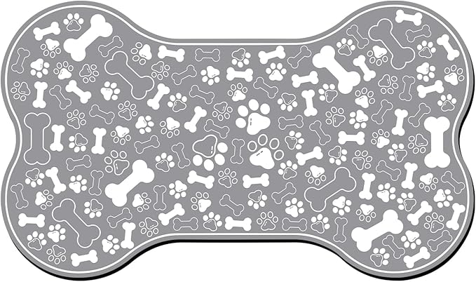 Dog & Cat Food Mat Bone Shaped Pet Feeding Mat Quick Absorb Water Bowl Placemat with Rubber Backing Indoor Floor Stain Resistant Pet Accessory Supplies (Grey, 17x29 Inches)