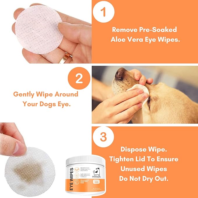 Dog Eye Wipes – Tear Stain Remover for Dogs & Puppies – 100 Aloe Vera Pet Eye Wipes – Gentle Eye Discharge & Crust Cleaner – Safe & Hypoallergenic Dog Eye Cleaning Pads