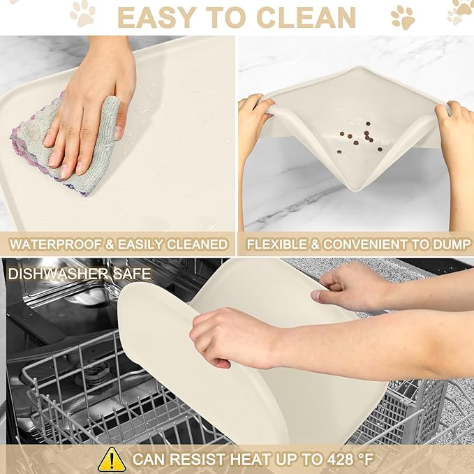 SMILOOL Silicone Pet Food Mat with Raised Edge for Food and Water Bowl, Dog Feeding Mats, Cat Food Trays for Floor Waterproof, Rubber Tray for Dogs and Cats, 24 x 16 x 0.8 White Sand