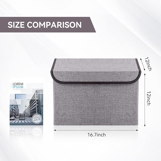 Bagnizer Large 17" 42 Quarts Collapsible Stackable Storage Bins with Lids [3-Pack] Foldable Fabric Linen Storage Boxes Cube, Closet Organizer Baskets with Label for Home (16.7 x 12 x 12, Gray)