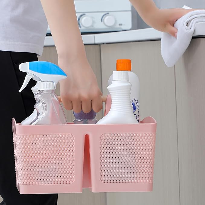rejomiik Portable Shower Caddy Basket Plastic Cleaning Caddy Organizer Storage Tote with Handle for Bathroom, College, Dorm Room Essentials, Pink