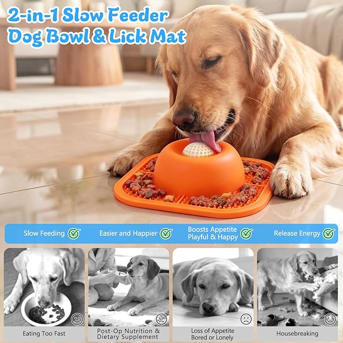 Slow Feeder Dog Bowls & Lick Mat for Liquid and Thick Treat, Anti-Slip Dog Lick Bowl with Interactive Rolling Ball, 5/6 Cup Pup Licking Toy for Large Medium Small Dogs and Cats Orange