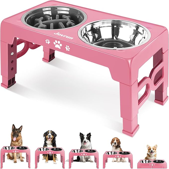 Jovrun Elevated Dog Bowls, Dog Feeder with Stainless Steel Dishes & Slow Feeder Bowl, 5 Heights Adjustable Raised Stand for Medium Large, Food Dishes with Non-Slip Feet