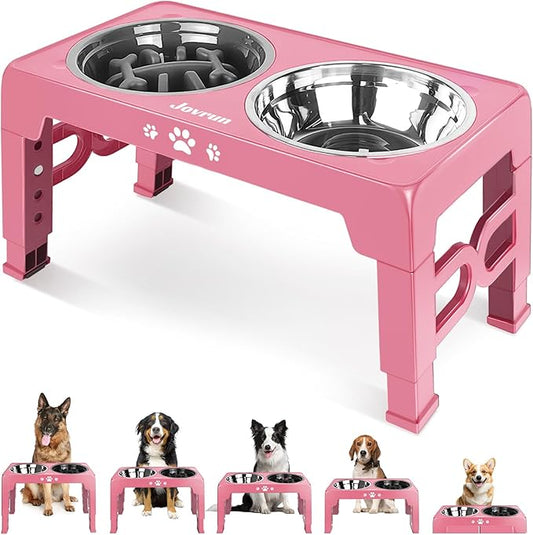 Jovrun Elevated Dog Bowls, Dog Feeder with Stainless Steel Dishes & Slow Feeder Bowl, 5 Heights Adjustable Raised Stand for Medium Large, Food Dishes with Non-Slip Feet