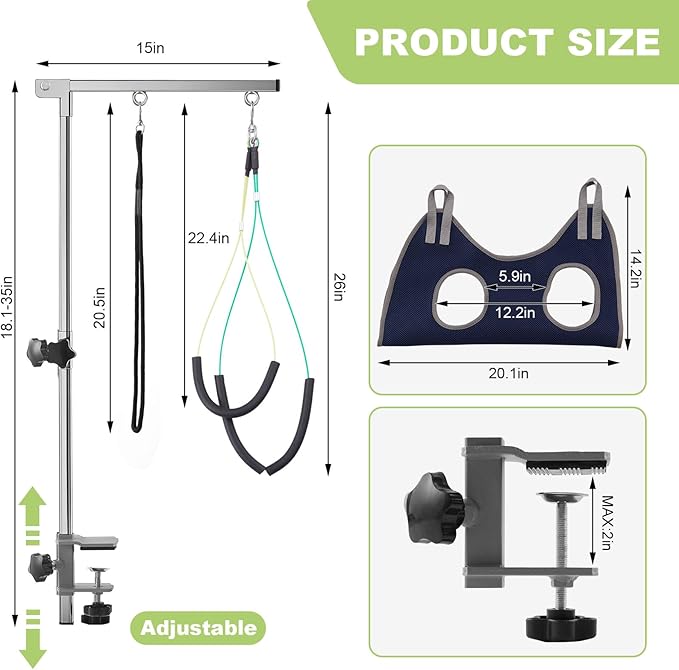 Home Dog Grooming Table Arm with Hammock 35" Height Adjustable Dog Grooming Arm with Clamp No-Sit Haunch Holders Durable Stainless Steel(Grooming Table Not Included)