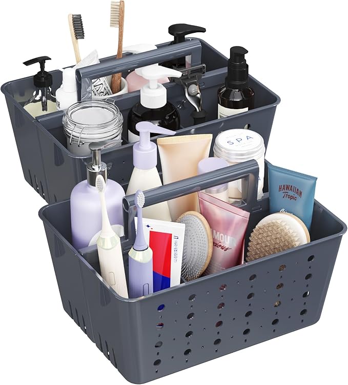 Lifewit Shower Caddy Portable, Plastic Bathroom Organizer with Handle and Holes, Hard Cleaning Basket for Toiletry Storage, College Dorm Essentials, Slate Blue, 2 Packs