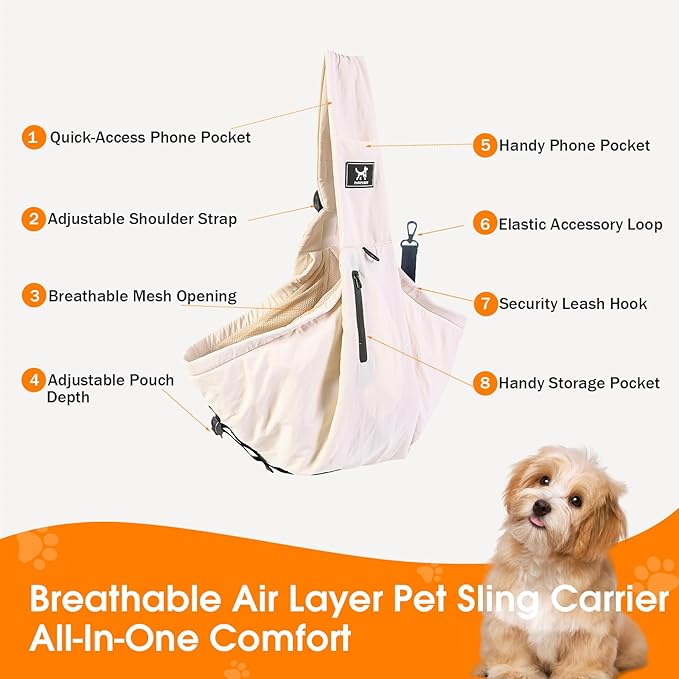 Pet Sling Carrier for Small Dogs and Cats 5-20lbs, Dog Sling with Adjustable Depth, Breathable Air Mesh Puppy Travel Bag, Water Resistant Fabric, Double Safety Leash, Machine Washable,Apricot