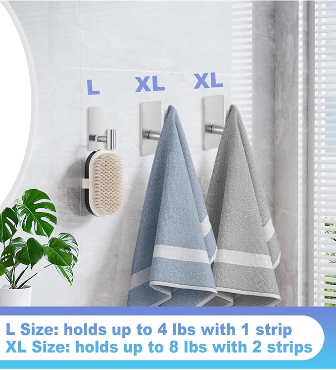5 Pcs Towel Hooks Heavy Duty for Hanging，Adhesive Wall Hooks with Removable Strips，Sticky No Damage，Outdoor for Bathrooms，Shower，Stockings，Decor，Robe，X-Large，Silver 304 Stainless Steel