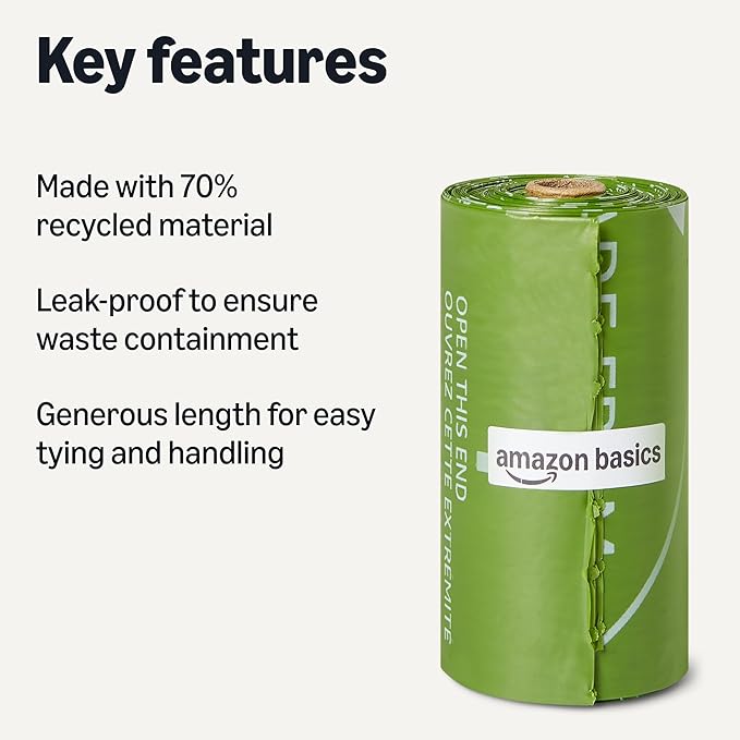 Amazon Basics Dog Poop Bags Rolls, 70% Recycled Plastic Waste Bags for Poop, Leak-Proof, 13 x 9 in., 300-Pack