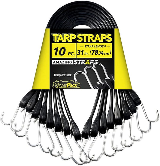 31'' Rubber Bungee Cords Heavy Duty Outdoor with 55.8" Max Stretch & Over 176 lbs Load, 100% EPDM Black Bungee Straps with Crimped S Hooks for Cargo, Tarps, Truck, Motorcycle, Weatherproof (30 Pack)