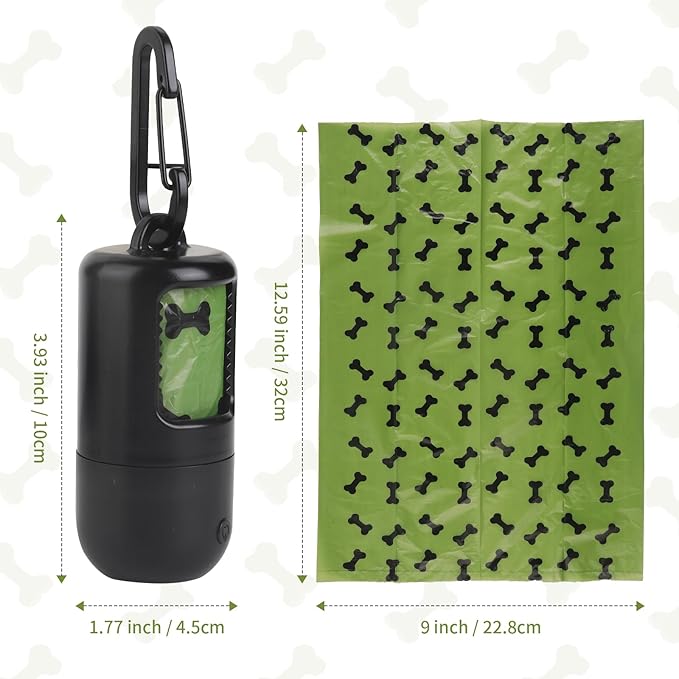 Dog Poop Bag Holder with Flashlight, USB Rechargeable, Doggie Waste Bag Dispenser for Leashes, Includes 1 Roll Extra Thick Bags, Clip & Holder - by PetIsay(Black)