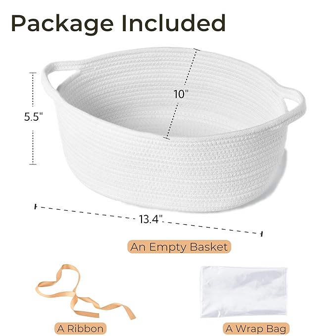 Small Woven Gift Basket Empty with Bag & Ribbon - Gifts for Mom, Baby Shower, Birthdays & Raffle - Cotton Rope Storage Basket for Dog Toys or Shelf - 13.4"x10"x5.5", Large, White