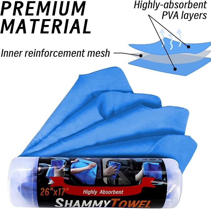Tubsalah Premium Shammy Cloth for Car Drying - 2 Pack (26”x17”) - Super Absorbent Synthetic Chamois Bathroom,Pets, Dust Remove,- Reusable Non-Scratch Vehicle Dry Towel (Yellow & Blue)