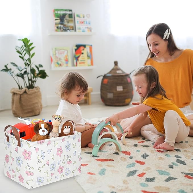 FXOLCSHE Rectangular Flower Basket,kids laundry Hamper,Baby Girls Nursery Hamper,Waterproof foldable Kid's storage basket,Clothes Organizer Basket,Girls Room Decor(Blue flowers)