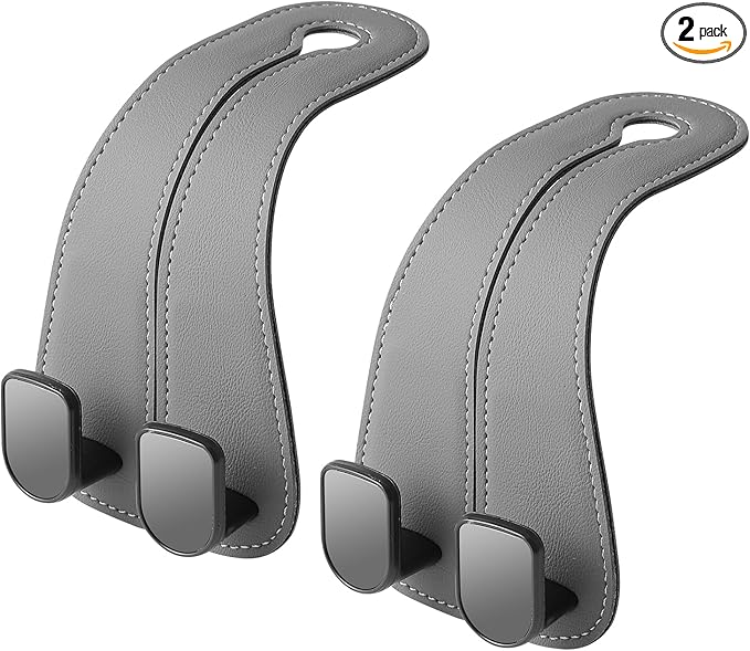 2 Pack KAFANLIN Car Headrest Hooks for Purses and Bags Cute Leather Car Seat Back Head Rest Double Hooks for Bags Cute Pink Beige Car Accessories Headrest Back Seat Handbags Hook (Gray 2 Pack)