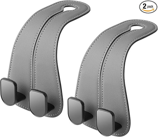 2 Pack KAFANLIN Car Headrest Hooks for Purses and Bags Cute Leather Car Seat Back Head Rest Double Hooks for Bags Cute Pink Beige Car Accessories Headrest Back Seat Handbags Hook (Gray 2 Pack)