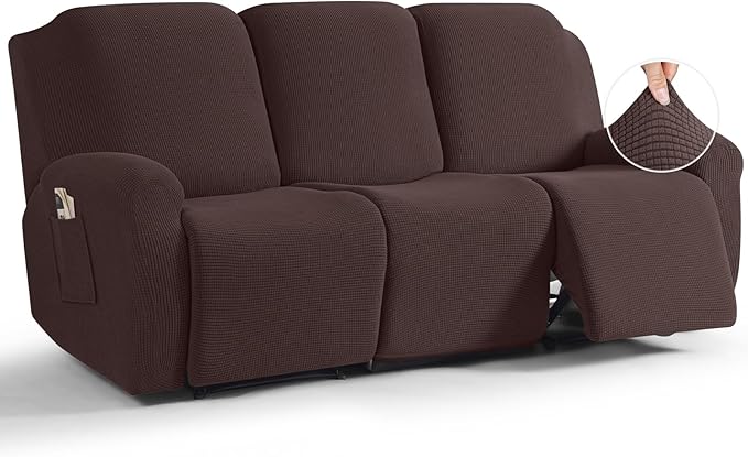 TAOCOCO Recliner Sofa Covers 8-Pieces Stretch Large Couch Covers for 3 Seats Reclining Slipcovers Soft Jacquard Pattern Furniture Protector (Dark Coffee)