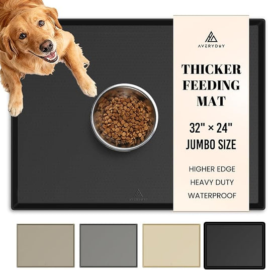 AVERYDAY 32x24'' Silicone Dog Mat for Food and Water, 0.63'' Edge Dog Food Bowl Mats for Floor Waterproof, Dogs Water Mat for Sloppy Drinker, Non Slip Rubber Pet Feeding Mats for Indoor Dogs and Cats