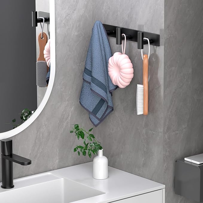 VINHOLD Coat Rack Wall Mounted-3 Hooks,Heavy Duty Stainless Steel Wall Hooks for Towel Coat Bag, Hat Rack Coat Hanger Coat Hooks Towel Racks for Bathroom Entryway Kitchen Hotel Office (Black, 2 Packs)