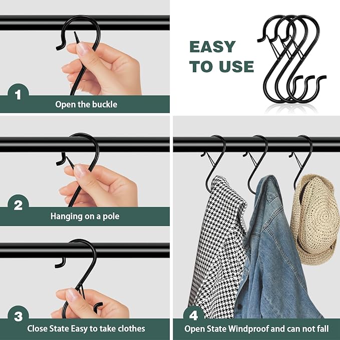 12PCS S Hooks for Hanging,3.5 Inch Heavy Duty Closet Hooks with Safety Buckle,Closet Hooks Hanging for Plants,Clothes,Kitchen Utensil,String Lights,Handbags,Belt, Hat, Cup, Tie (Black)