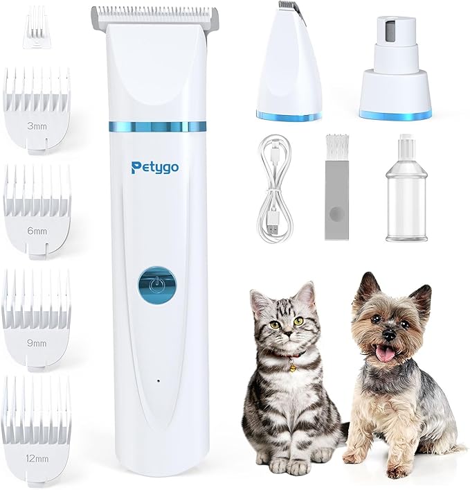 3-in-1 Dog & Cat Grooming Kit - Rechargeable Cordless Pet Hair Clippers with Nail Grinder & Paw Trimmer & 5 Guide Combs, Low Noise Dog Clippers for Grooming Small Medium Pets