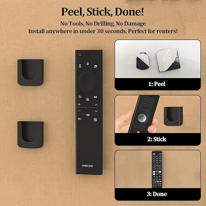 Magnetic Remote Control Holder Wall-Mounted Remote Holder Adhesive Strips Easy Installation for TV, Fan, and AC Remotes to Organize Home & Office (4 Pack)