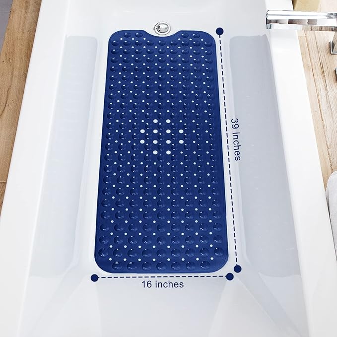 Bath Tub and Shower Mats, Non-Slip 39 x 16 Inch Extra Long Bathtub Mat, Machine Washable BathMat with Drain Holes, Suction Cups for Bathroom (Opaque Navy Blue)