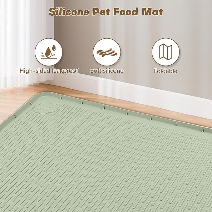 Bartuke Cat Food Mat, 40" x 28" Extra Large Silicone Pet Feeding Mat with Raised Edge Pet Placemat for Food and Water Bowl Non-Slip, Easy to Clean, Floor Protection (Green)