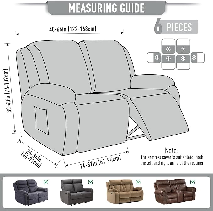 TAOCOCO Recliner Loveseat Slipcover, 6 Pieces Dual Recliner Sofa Covers for 2 Seat Dual Reclining Loveseat Couch, Stretch Soft Jacquard Pattern Furniture Protector with Elasticity (Dusty Grey)