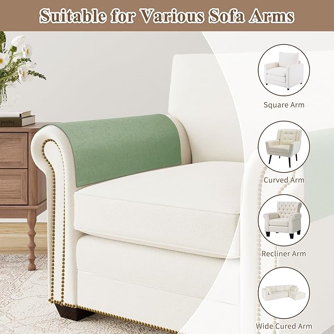 SPWIY Couch Arm Covers Anti-Scratch & Stain Resistant Furniture Protector for Sofa 2 Pieces Washable Linen Recliner Armrest Cover for Pets Chair Arm Covers, Light Sage,20" W x 24" L