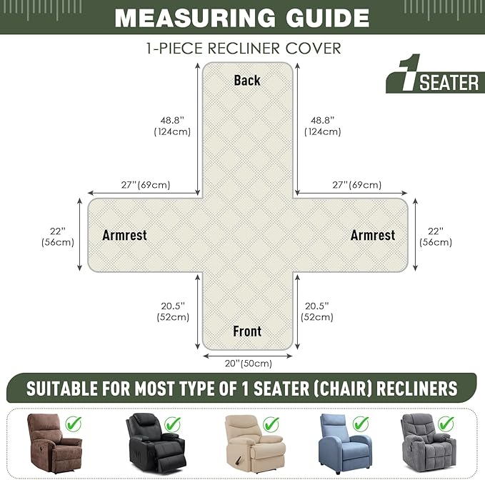 TAOCOCO 100% Waterproof Recliner Chair Cover Stay in Place, Recliner Covers for Small Recliner Chair with Pocket, Reclining Chair Cover Furniture Protector for Kids, Pets(20'', Bean Green)